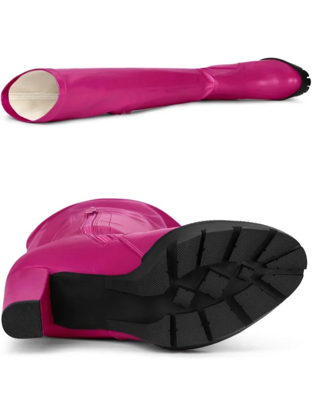 Women's Hot Pink Round Toe Faux Leather Chunky Heel Over The Knee High Boots